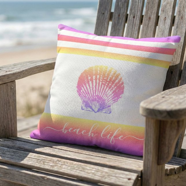Beach life script yellow pink ombre seashell bold cushion (Creator Uploaded)