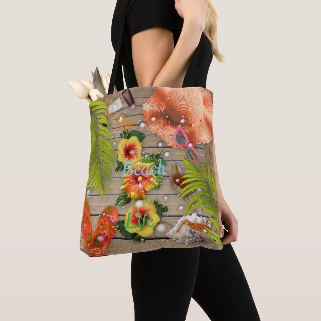 Beach Life Summer Tropical Holidays Hibiscus Tote Bag (Close Up)