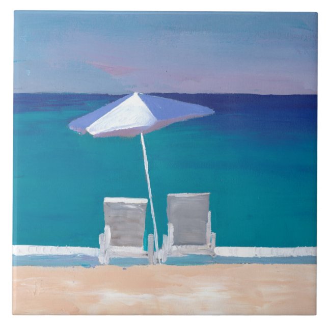 Beach Life - Sunchair and Umbrella at Beach Ceramic Tile (Front)