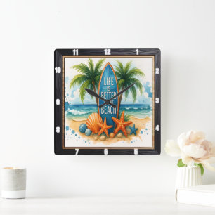 Beach Life Surfboard Palm Square Wall Clock