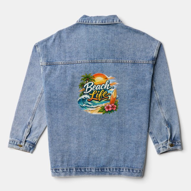 Beach Life – Tropical Sunset Surf Denim Jacket (Back)
