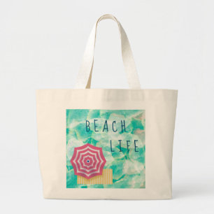 Beach Life with Beach Umbrella Large Tote Bag