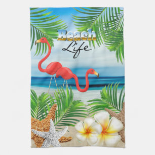 Beach Life with Pink Flamingos Tea Towel