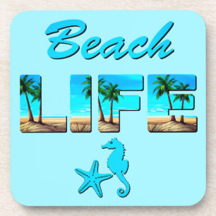 Beach Life Word Art with Sand and Palm Trees  Coaster
