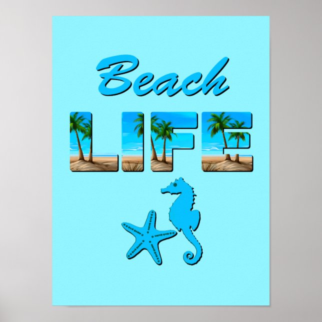 Beach Life Word Art with Sand and Palm Trees Poster (Front)
