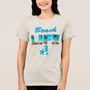 Beach Life Word Art with Sand and Palm Trees Tri-Blend Shirt
