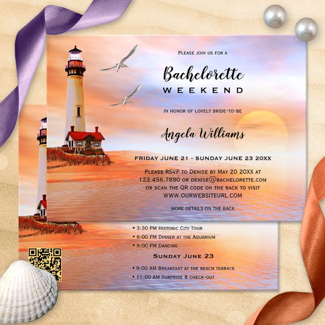 Beach Lighthouse Bachelorette Weekend Invitation (Bachelorette weekend itinerary template featuring an original painting of a lighthouse on the beach )