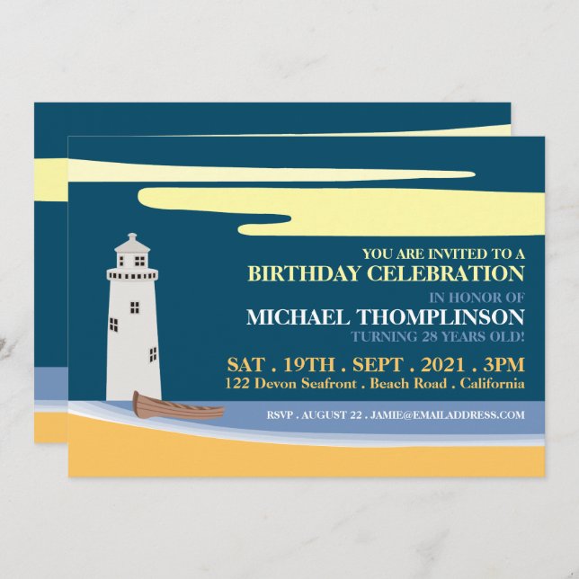 Beach Lighthouse, Birthday Party Invitation (Front/Back)