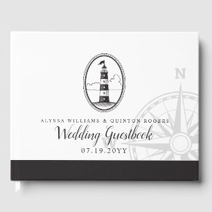 Beach Lighthouse   Black and White Wedding Guest Book