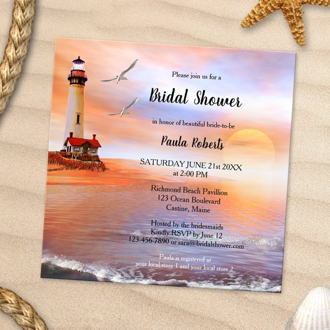 Beach Lighthouse Bridal Shower Invitation (Bridal shower invitation featuring a romantic painting of a beach and lighthouse with two seagulls)