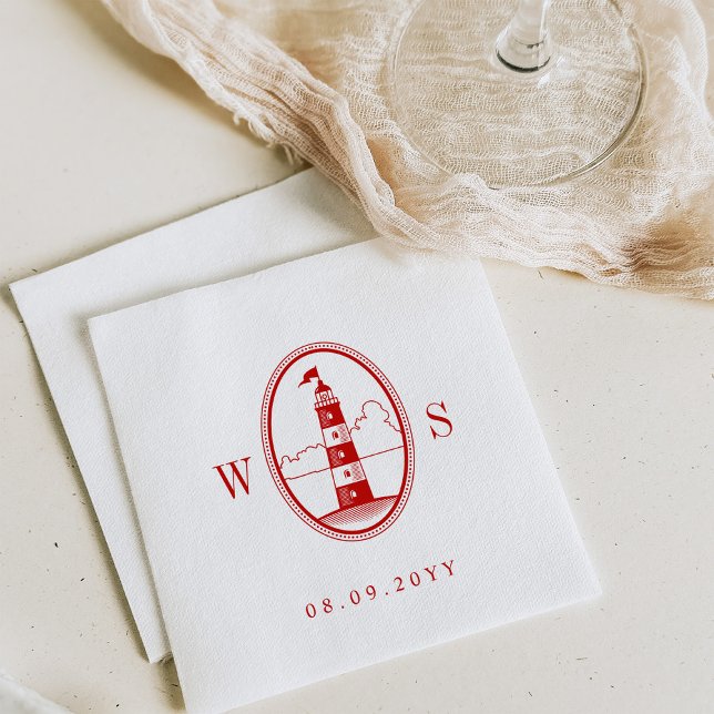 Beach Lighthouse | Crimson Red Monogram Napkin (Creator Uploaded)