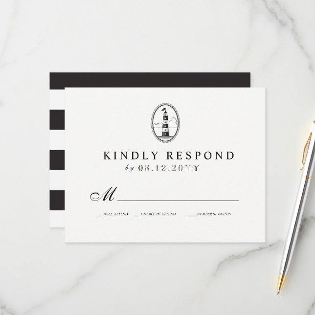 Beach Lighthouse | Nautical Wedding RSVP B/W (Front/Back In Situ)