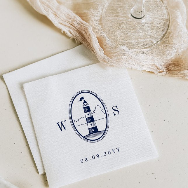 Beach Lighthouse | Navy Monogram Napkin (Creator Uploaded)