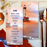 Beach Lighthouse Wedding Menu Card<br><div class="desc">Nautical wedding menu card template with a beach theme featuring a painting of a lighthouse at the ocean with two seagulls at sunset. This menu card is perfect for a beach or destination wedding,  a cruise wedding or a speciality restaurant in seafood.</div>