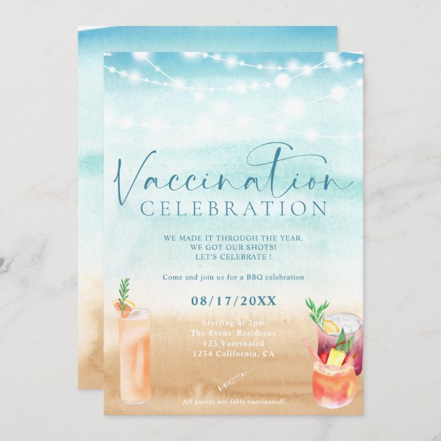 Beach lights cocktails Vaccination celebration Invitation (Front/Back)