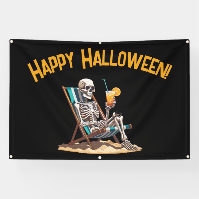 Beach Lounging Skeleton Halloween Banner (Horizontal)
