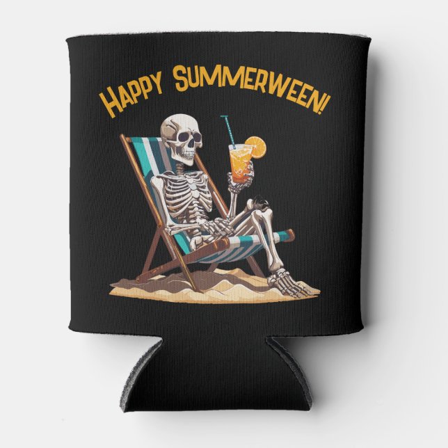 Beach Lounging Skeleton Halloween Can Cooler (Front)