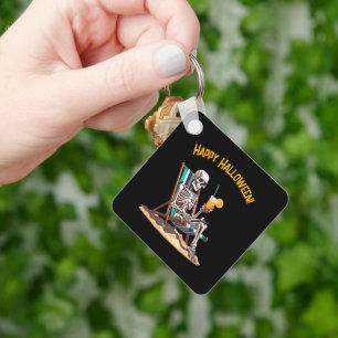 Beach Lounging Skeleton Halloween Key Ring