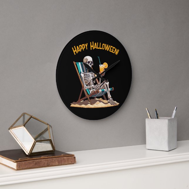 Beach Lounging Skeleton Halloween Large Clock (Office)