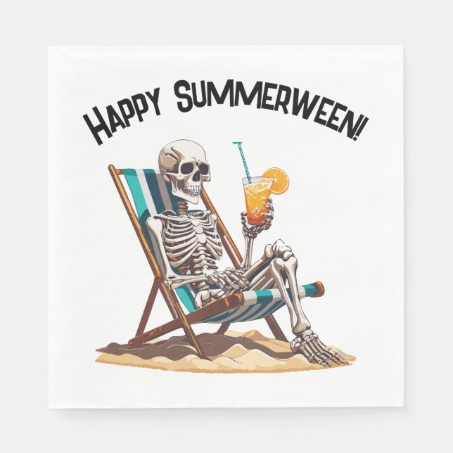 Beach Lounging Skeleton Halloween Napkin (Front)