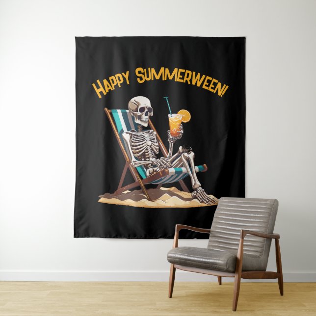 Beach Lounging Skeleton Halloween Photo Backdrop Tapestry (In Situ)