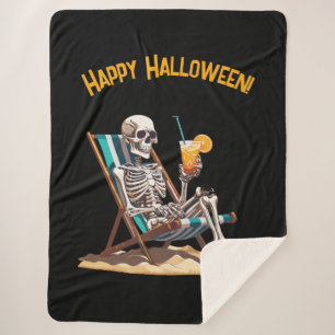 Beach Lounging Skeleton Halloween Sherpa Blanket