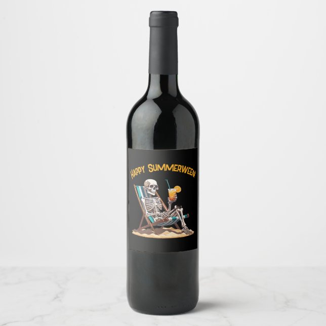 Beach Lounging Skeleton Halloween Wine Label (Front)