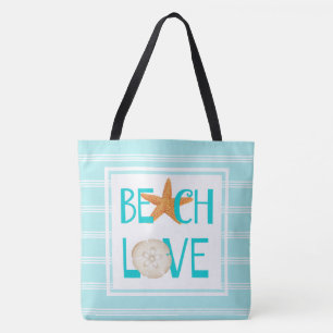 Beach Love, aqua/white, starfish & sand dollar Tote Bag