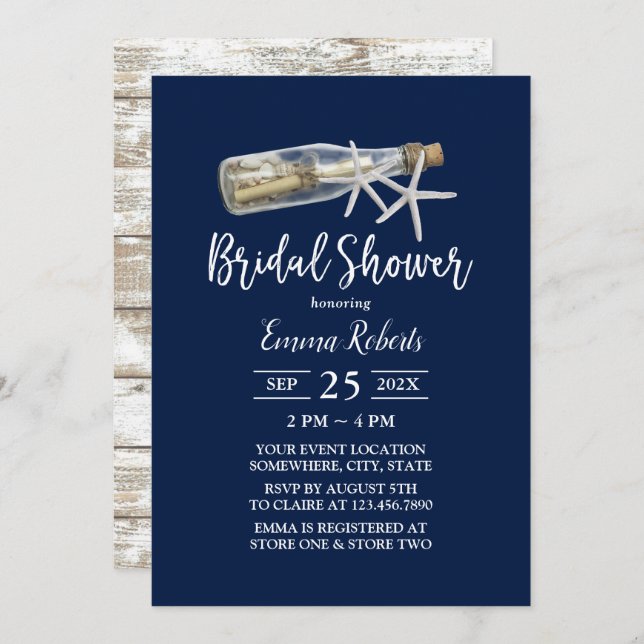 Beach Love Message Bottle Navy Blue Bridal Shower Invitation (Front/Back)