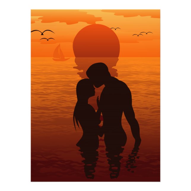 Beach Love Romance Silhouette Couple In The Sea Photo Print (Front)