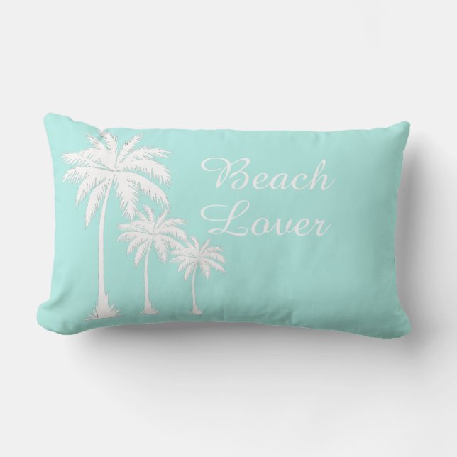 Beach Lover Palm Tree Aqua Outdoor Lumbar Cushion (Front)