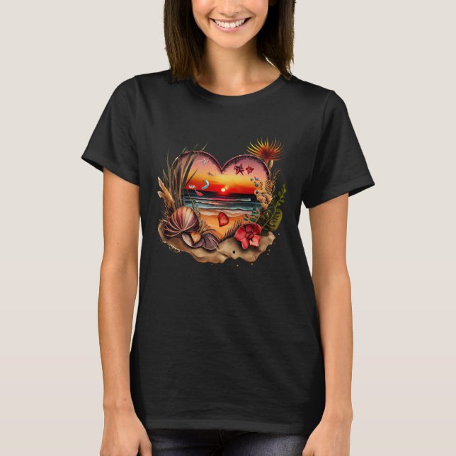 Beach Lover Sunset Seashells Heart Shape Flowers T-Shirt (Front)