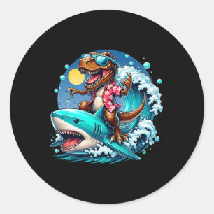 Beach Lover T-rex Dinosaur Riding Shark Surfing Oc Classic Round Sticker