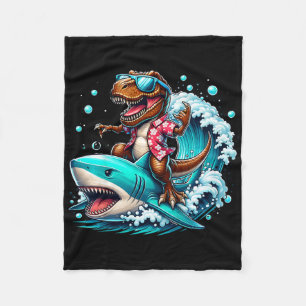 Beach Lover T-rex Dinosaur Riding Shark Surfing Oc Fleece Blanket