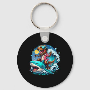 Beach Lover T-rex Dinosaur Riding Shark Surfing Oc Key Ring