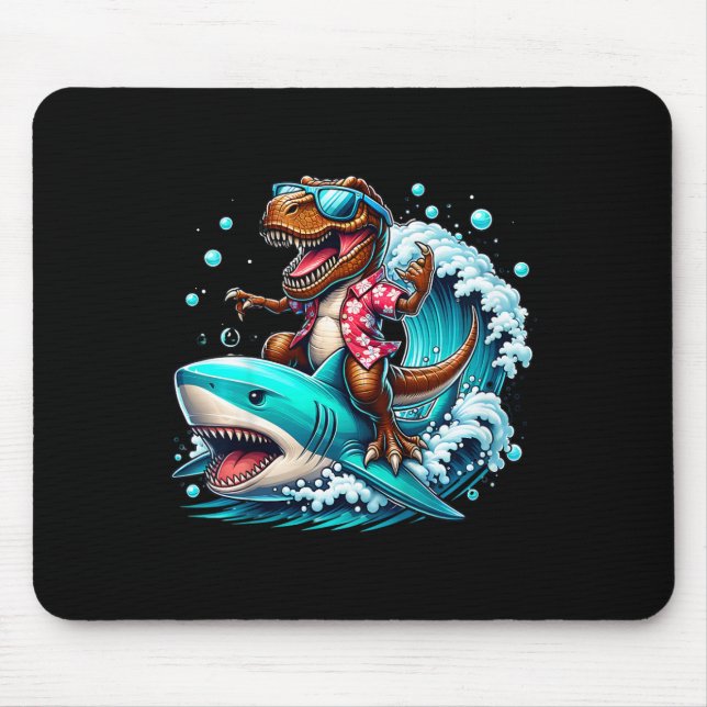 Beach Lover T-rex Dinosaur Riding Shark Surfing Oc Mouse Pad (Front)