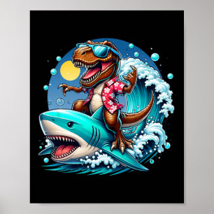 Beach Lover T-rex Dinosaur Riding Shark Surfing Oc Poster
