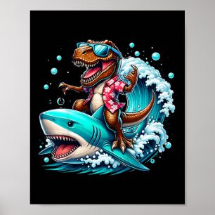 Beach Lover T-rex Dinosaur Riding Shark Surfing Oc Poster
