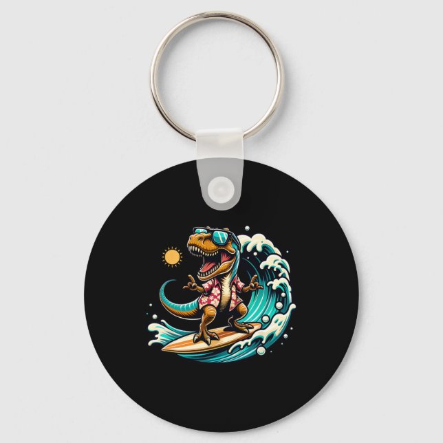 Beach Lover T-rex Dinosaur Riding Surfboard Surfin Key Ring (Front)