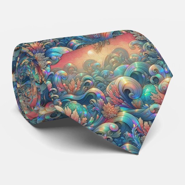 Beach Lovers Tie | Holographic Ocean Coral Pattern (Rolled)