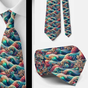 Beach Lovers Tie Holographic Ocean Coral Pattern
