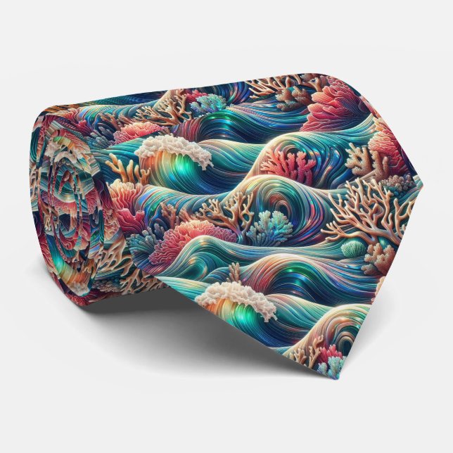 Beach Lovers Tie | Holographic Ocean Coral Pattern (Rolled)