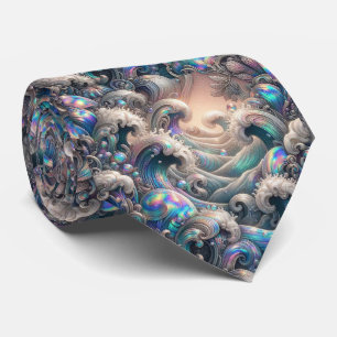 Beach Lovers Tie   Holographic Ocean Coral Pattern