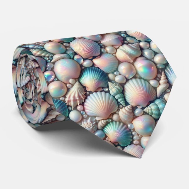 Beach Lovers Tie | Opal Iridecent Seashells  (Rolled)