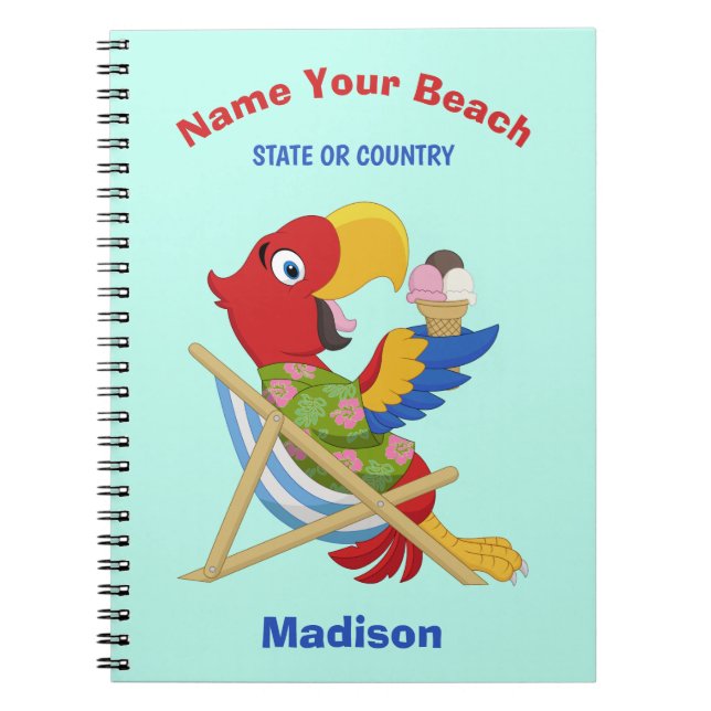 Beach Macaw custom name, text & colour Notebook (Front)