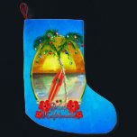 Beach Mele Kalikimaka Small Christmas Stocking<br><div class="desc">Mele Kalikimaka,  Hawaiian for Merry Christmas. Beach art with a palm tree decorated with Christmas lights and ornaments and a tropical ocean blue background.</div>