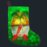 Beach Mele Kalikimaka Small Christmas Stocking<br><div class="desc">Mele Kalikimaka,  Hawaiian for Merry Christmas. Beach art with a palm tree decorated with Christmas lights and ornaments.</div>