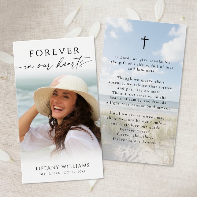 Beach Memorial Forever Hearts Photo Prayer Card (Creator Uploaded)