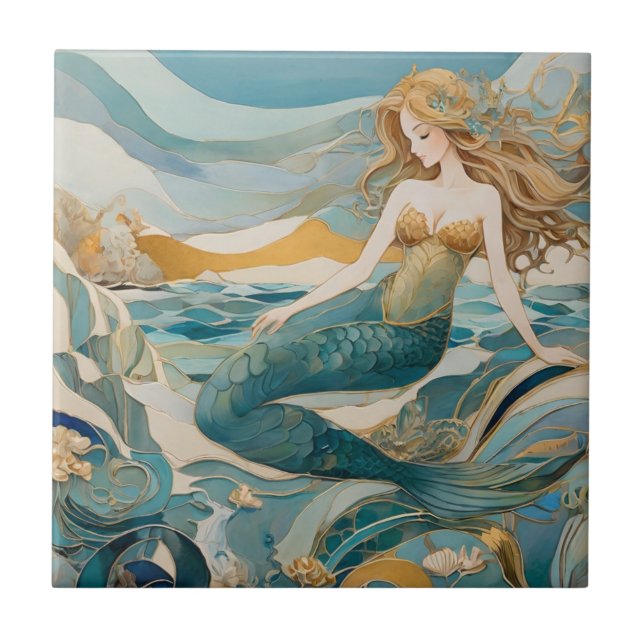 Beach Mermaid by the Sea Turquoise Gold Left side Ceramic Tile (Front)