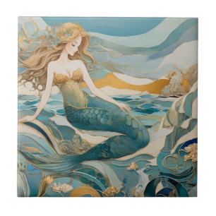 Beach Mermaid by the Sea Turquoise Gold Right side Ceramic Tile